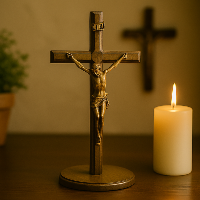 Crucifixo Clássico de Mesa – Cristo em Madeira e Bronze®